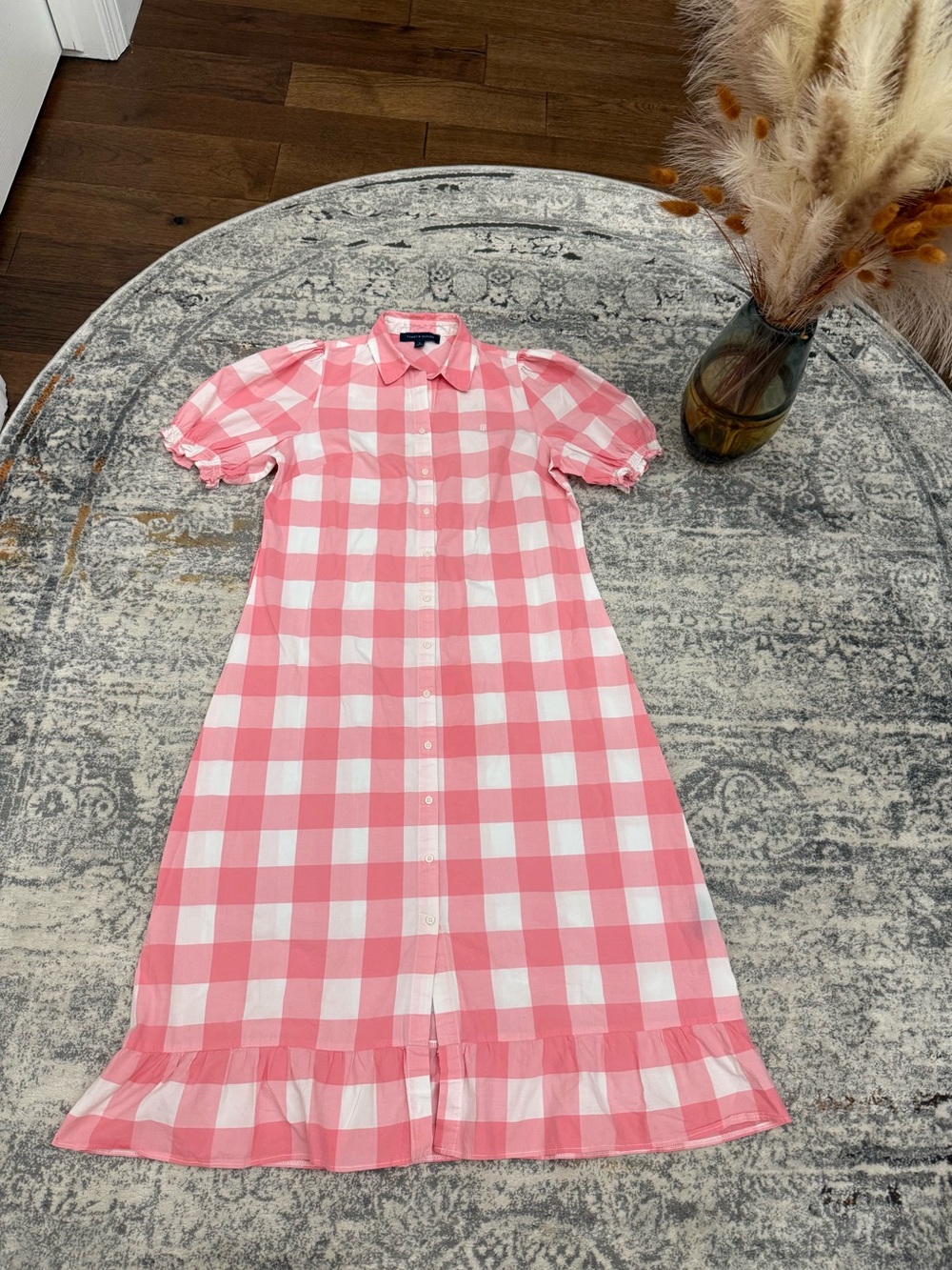 Tommy Hilfiger Pink and White Gingham Midi Shirt Dress